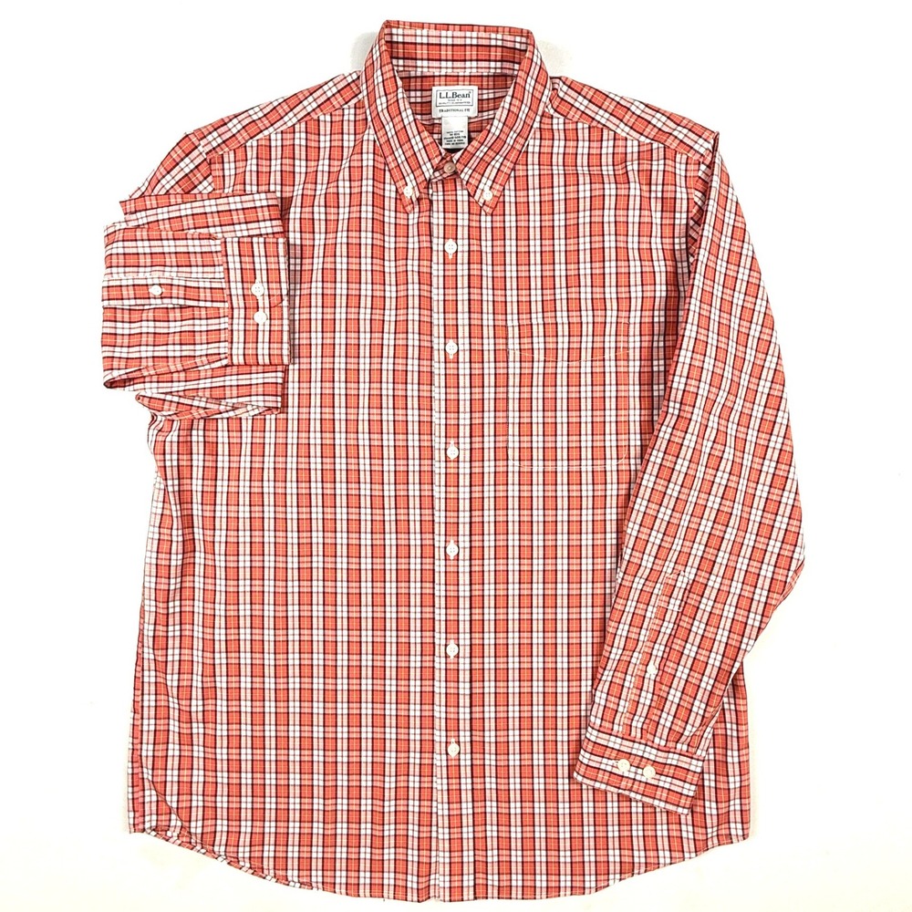 LL Bean Mens Traditional Fit Plaid Button Down Shirt Orange White Cotton M REG - Picture 3 of 6